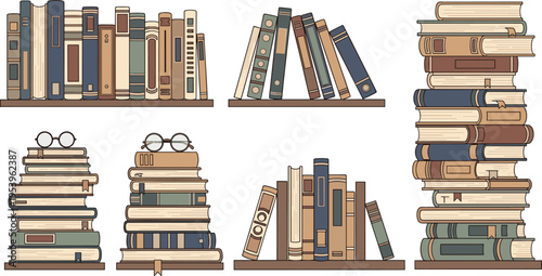 Stacks of vintage books and bookshelves with classic literature volumes, cozy library aesthetic and reading concept detailed vector illustration set