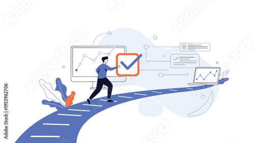 Ambitious individual runs along a rising blue path towards a large success checkmark and digital data monitoring screens.