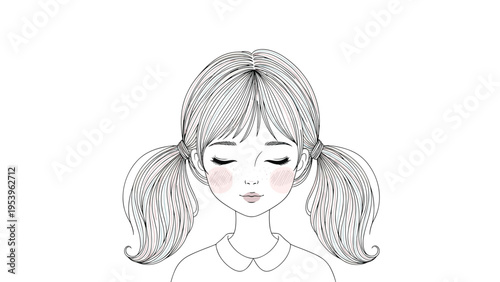 Sweet line drawing illustration of a young girl with pigtails and rosy cheeks keeps her eyes closed in a peaceful moment.