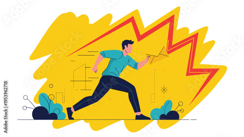 Fast delivery man running to deliver a mail envelope with a large yellow lightning bolt behind him symbolizing quick postal service.