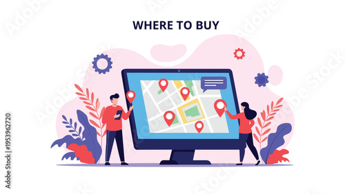 Group of people uses a large interactive computer monitor to find locations on a map marked with several red map pins.