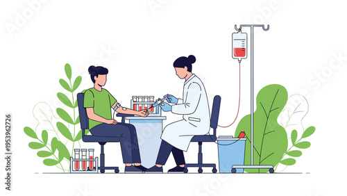 Healthcare worker wearing a lab coat administers a medical procedure or takes a blood sample from a patient in a clinic.