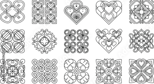 Decorative Heart Pattern Set with Ornamental Geometric Designs, Romantic Mandala Style Elements for Wedding, Valentine, and Elegant Vector Illustration