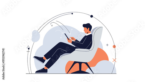 Man relaxes in a modern armchair while using his digital tablet for work or leisure against a stylized blue background.
