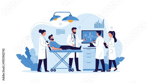 Medical team of doctors and surgeons monitors a patient on a hospital gurney in a bright and modern clinical setting.