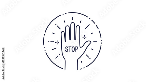 Simple line art icon shows a hand with the word stop on the palm within a decorative circular frame on a white background.