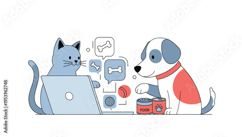 Friendly cat and dog sit together at a desk while using a laptop computer surrounded by pet food and various toys.