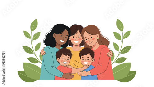 Group of multicultural women and young children share a warm hug surrounded by large green leaves on a white background.
