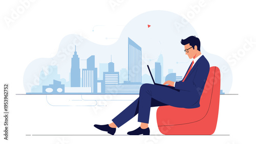 Professional man sits in a beanbag chair while working on his laptop with a simplified blue city skyline in the distance.
