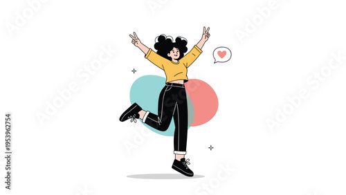 Happy young woman with curly hair jumps with excitement and gives peace signs amidst colorful circles and a heart.