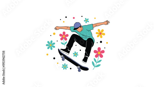 Skillful person performs a jump trick on a skateboard surrounded by bright colorful flowers and small abstract circles.