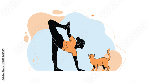 Silhouette of a woman performs a difficult yoga pose while her pet orange cat watches her with curiosity from the floor.