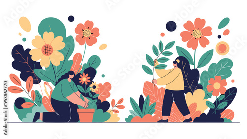 Two female gardeners take care of plants in a beautiful and dense garden filled with large colorful flowers and leaves.