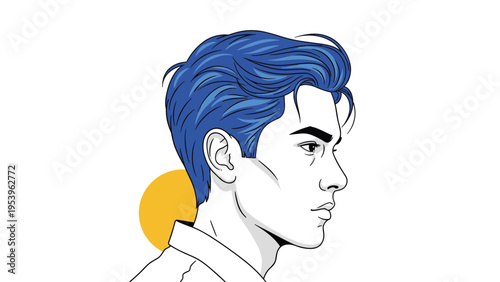 Profile view of a handsome young man with vibrant blue hair looks thoughtfully into the distance against a white background.