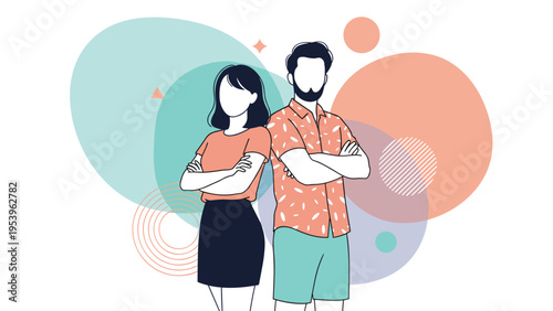 Man and woman stand back-to-back with arms crossed in a confident pose against a background of soft colorful circles.