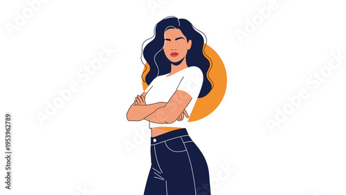 Confident woman with long wavy dark hair stands with her arms crossed in front of a bright orange circular background.