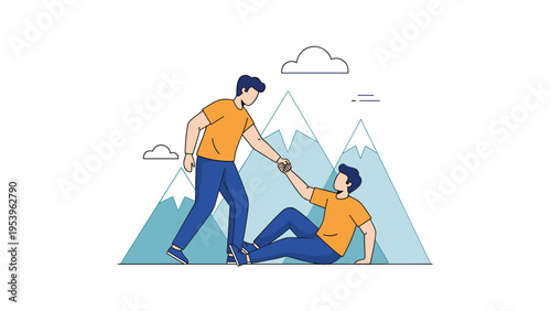 One man helps another person get up on a snowy mountain slope during a challenging hike or rescue mission in nature.