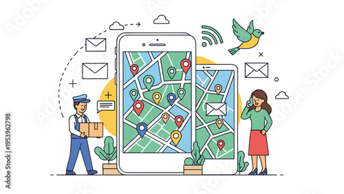 Digital map on smartphone screens used by a delivery man and a woman to navigate city locations and send messages.