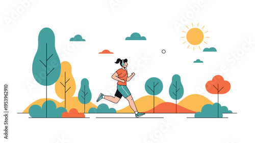 Woman jogging through a scenic park with colorful trees and a bright sun to maintain a healthy and active lifestyle.