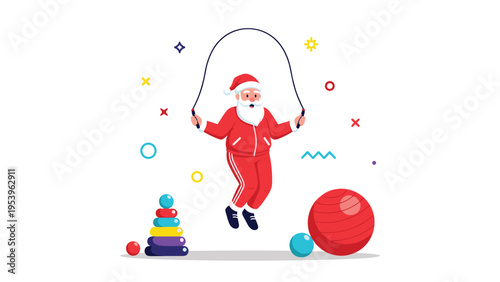 Santa Claus in a red tracksuit jumping rope in a gym surrounded by fitness balls and toys for a healthy holiday.