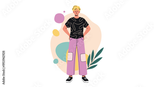 Stylish young man with blonde hair standing confidently in a patterned t-shirt and pink pants with abstract shapes.