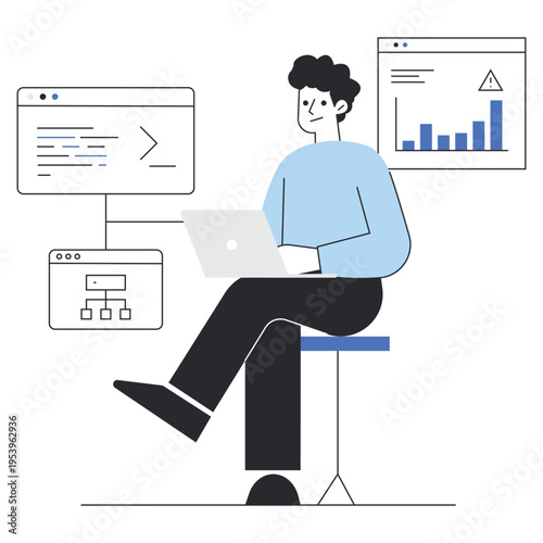 Software Developer Working on Laptop with Programming Code and Data Analytics Interface.