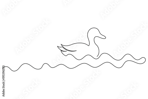 Duck swimming on water waves with sun circle background in one continuous line art style