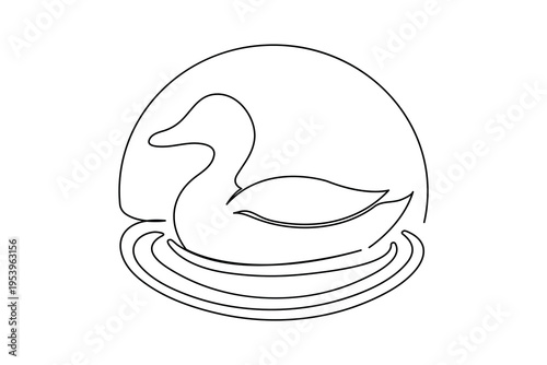 Duck swimming on water waves with sun circle background in one continuous line art style