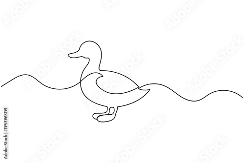 Single one line illustration of a duck with wavy lines on white background