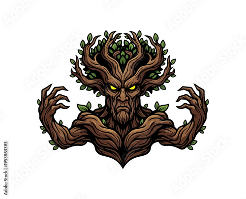 Stylized tree humanoid illustration on black background