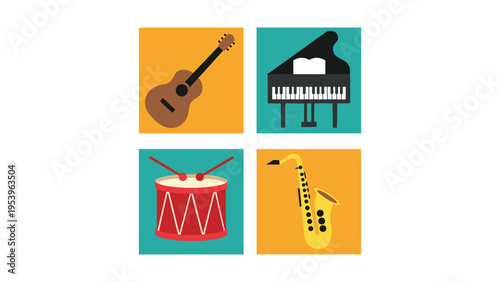 Four iconic musical instruments displayed in a vibrant and colorful layout.