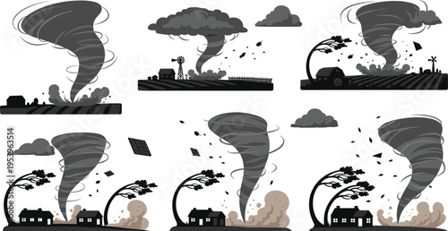 Tornado and storm disaster scenes with houses, swirling wind and destruction, natural catastrophe illustrations dramatic vector illustration set