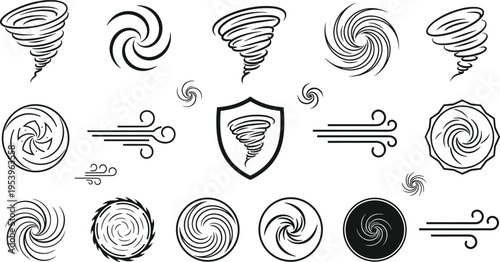 Tornado wind icons set with swirl symbols, cyclone shapes and storm elements, minimal line art weather vector illustration collection