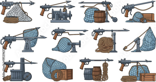 Harpoon Fishing Equipment Set with Nets, Boats, and Marine Tools, Traditional Sea Hunting Collection for Nautical, Coastal, and Outdoor Vector Illustration