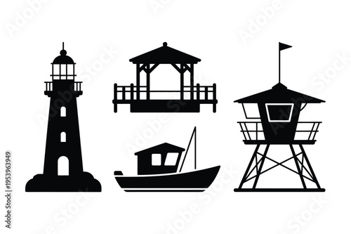 Nautical and beach icons silhouette collection