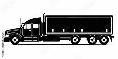 Semi trailer truck silhouette on white background. Vehicle icons set view from side, front, back, and top