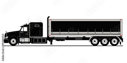 Semi trailer truck silhouette on white background. Vehicle icons set view from side, front, back, and top