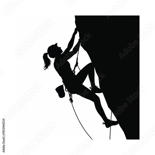 Silhouette of a female rock climber ascending a steep rocky cliff face
