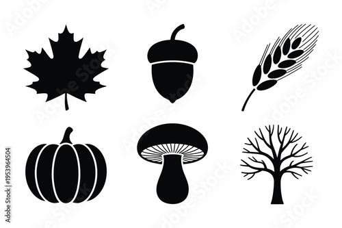 Autumn season icons: leaf, acorn, pumpkin, mushroom, maple leaf