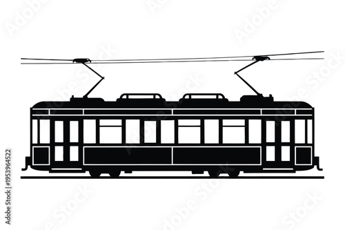 Vintage tram or trolley car silhouette with public transport