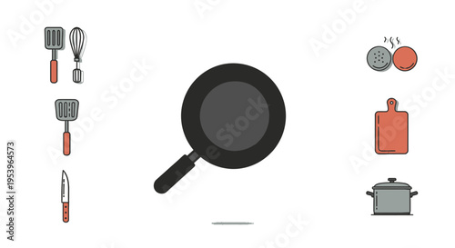 Black frying pan with kitchen utensils.