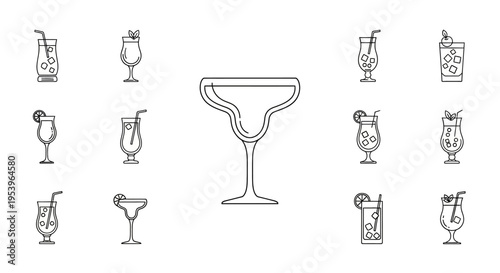 Cocktail Glasses and Drink Icons Set.