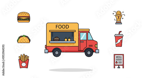 Colorful food truck with menu board.