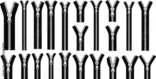 Collection of black and white zipper silhouettes with metal sliders, clothing fastener technical icons, cad drawing flat vector illustration.