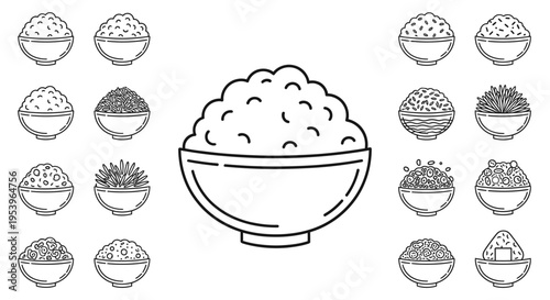 Variety of rice bowls with toppings.