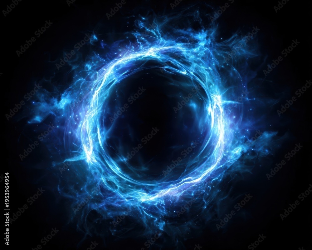 Obraz premium A mesmerizing view of an abstract blue energy circle floating in darkness, evoking mystery and the cosmos. The image's core is dark, which is contrasted by the glowing blue energy around it