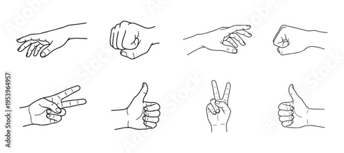Minimalist Human Hand Gestures Vector Line Art Set: Clean Black Outline Symbols for Peace Sign, Thumbs Up, Fist, and Reaching Hand.