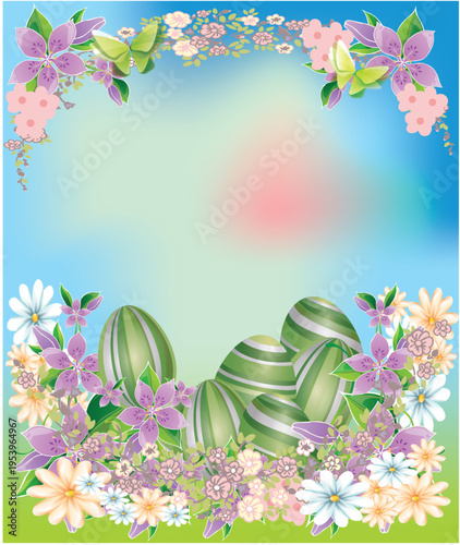 Easter composition with colorful flowers and Easter eggs