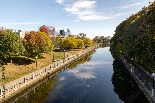 High angle view of Rideau Canal in autumn in Ontario, Canada