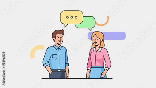 Illustration of a man and a woman talking with speech bubbles above their heads symbolizing communication and discussion
